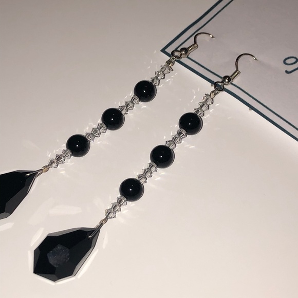 SOLD Jet and Swarovski Crystal Tux Drop Earrings - Picture 3 of 5
